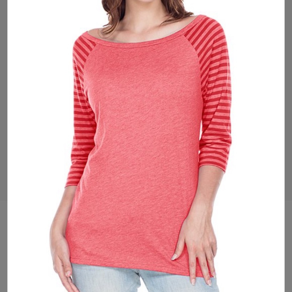 Red 3/4 Stripe-Sleeve Boatneck Top, L